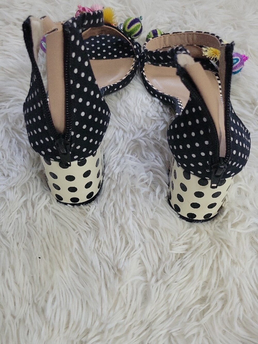 Betsey Johnson Black Polka Dot Pom-Pom Ankle Strap Heels - Picture 3 of 5